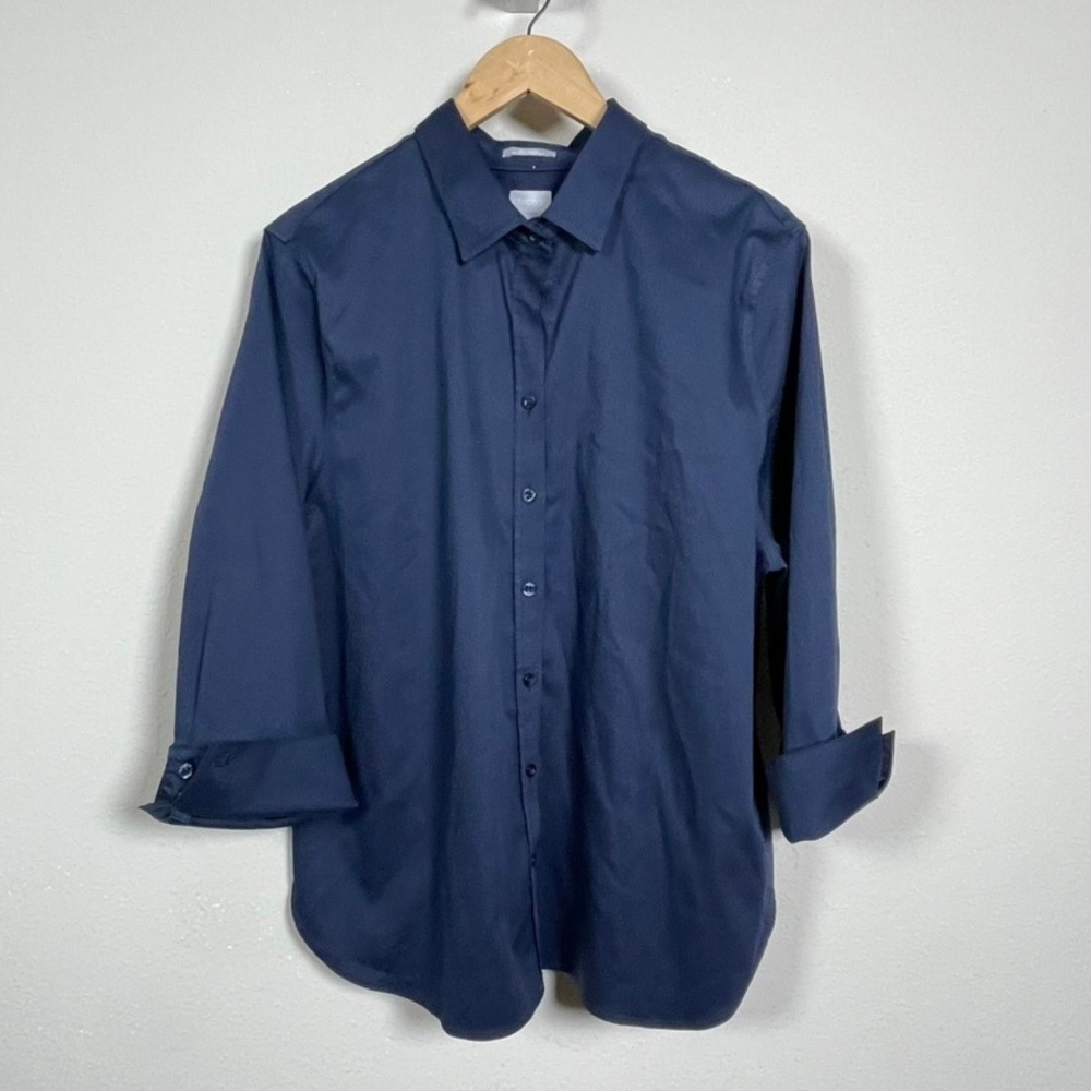 Chico's No-Iron Chic Stretch Button Up Shirt Women 3.5 18 Navy Blue Career